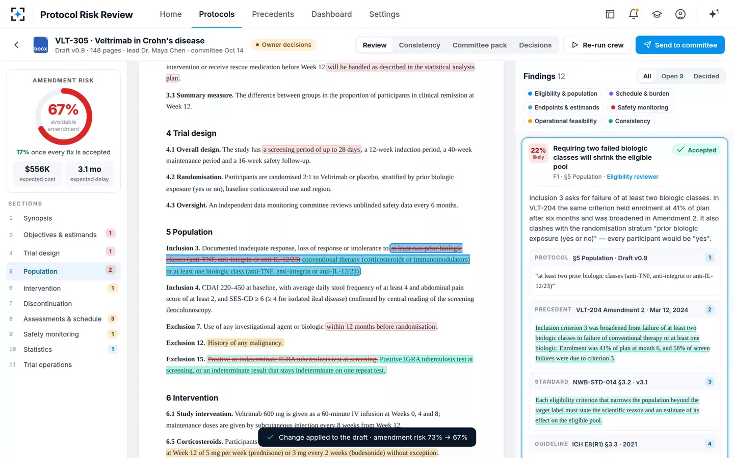 Protocol Design Review & Amendment-Risk Check — A change accepted