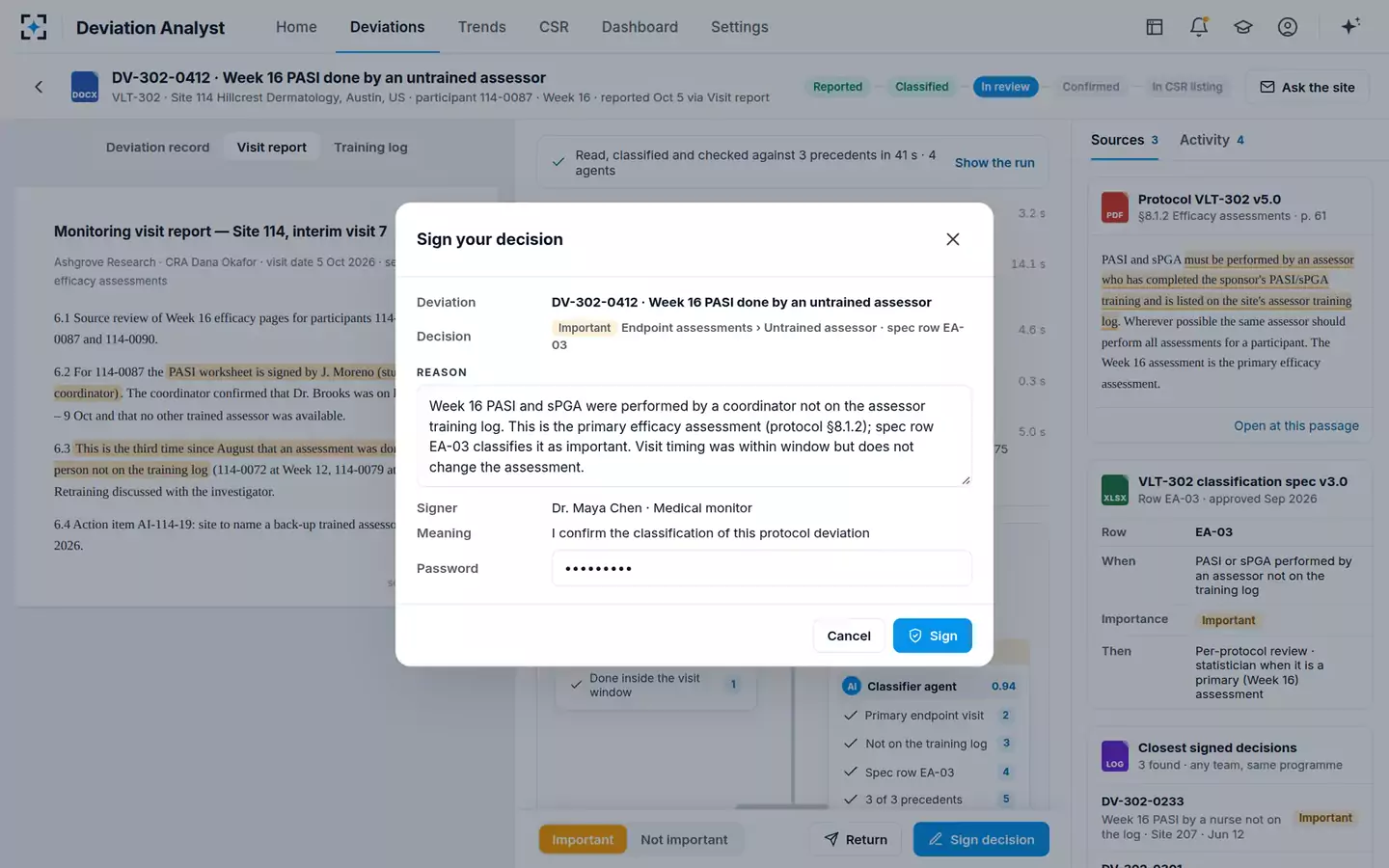 Protocol Deviation Classifier & Trend Analyst — Signing the decision