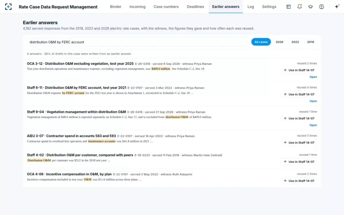 Rate Case Data Request Management — Earlier answers