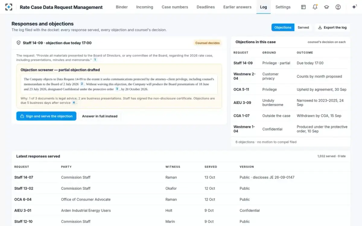 Rate Case Data Request Management — Responses and objections