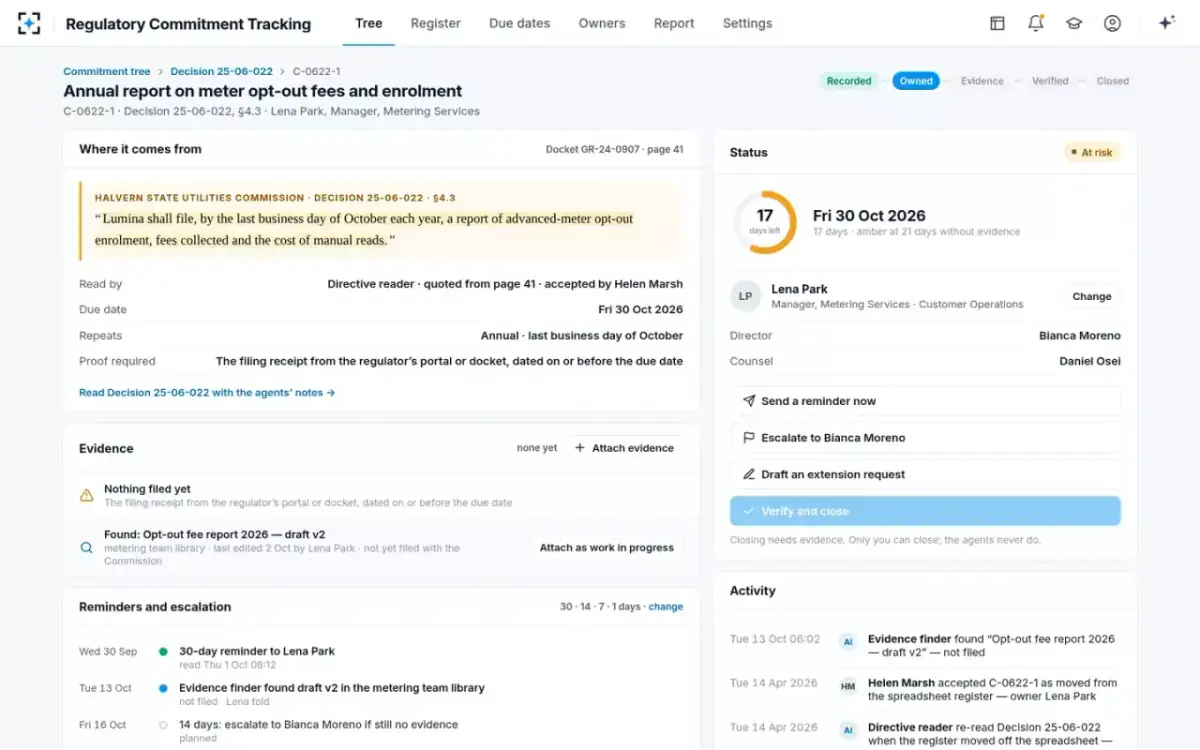 Regulatory Commitment Tracking — One commitment