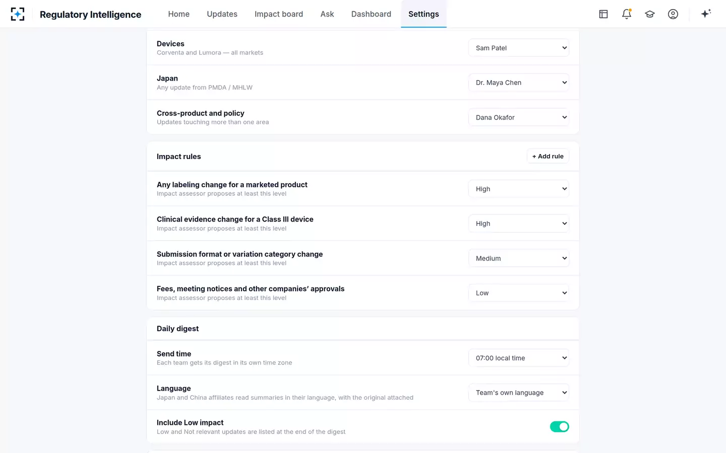Regulatory Intelligence — Settings