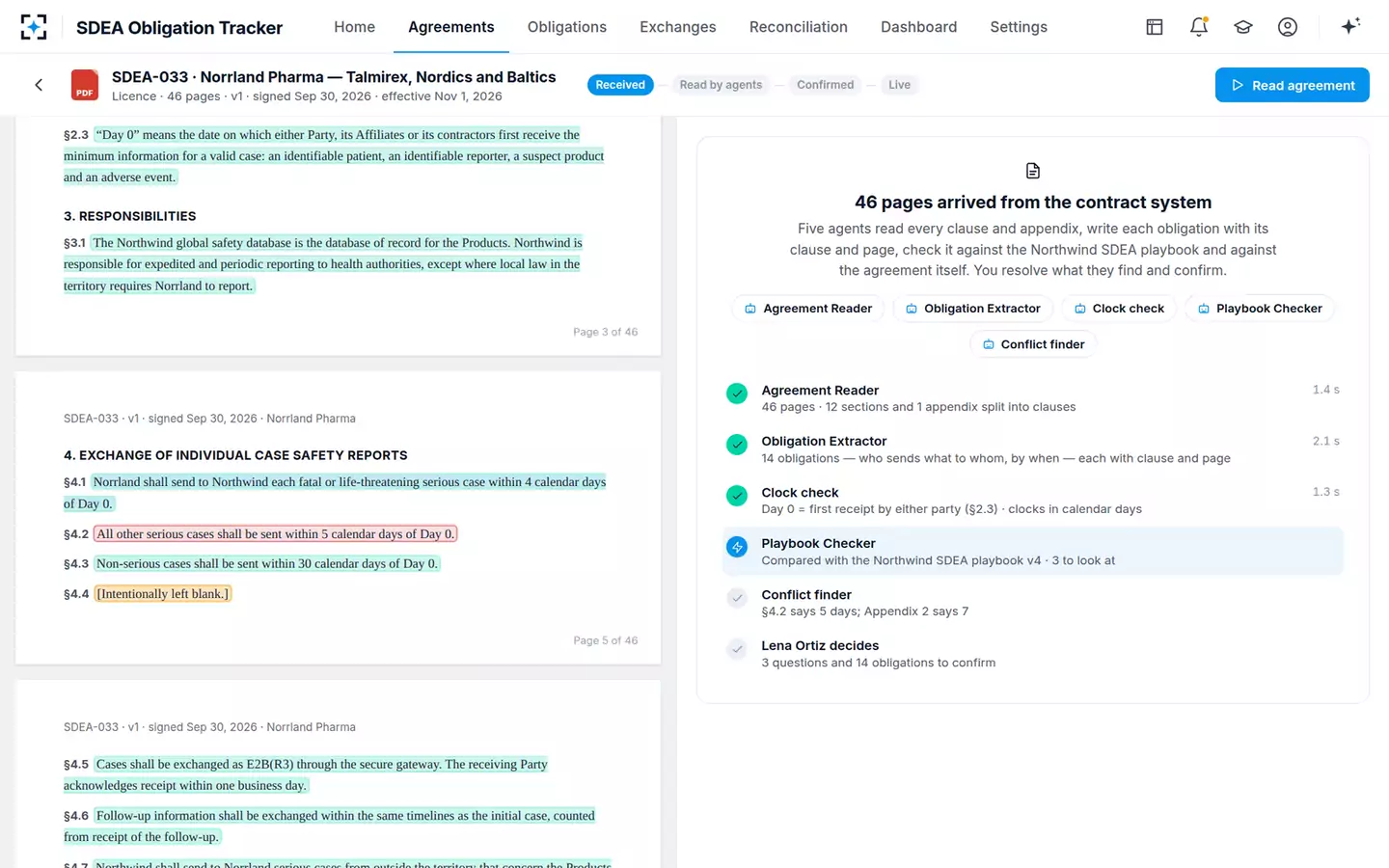 Safety Data Exchange Agreement Obligation Tracker — Agents reading