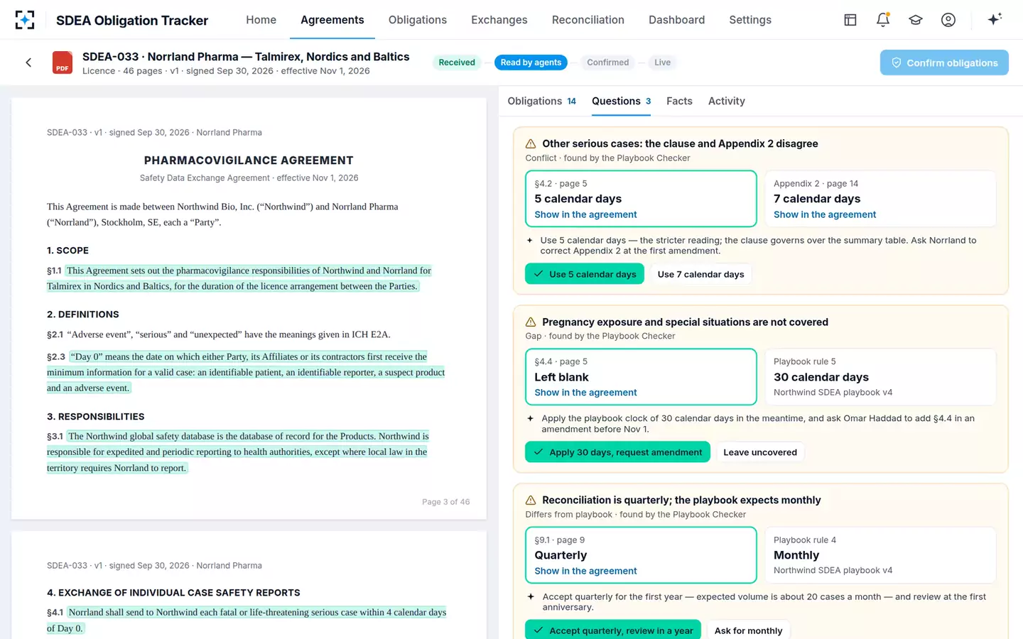 Safety Data Exchange Agreement Obligation Tracker — Questions to resolve