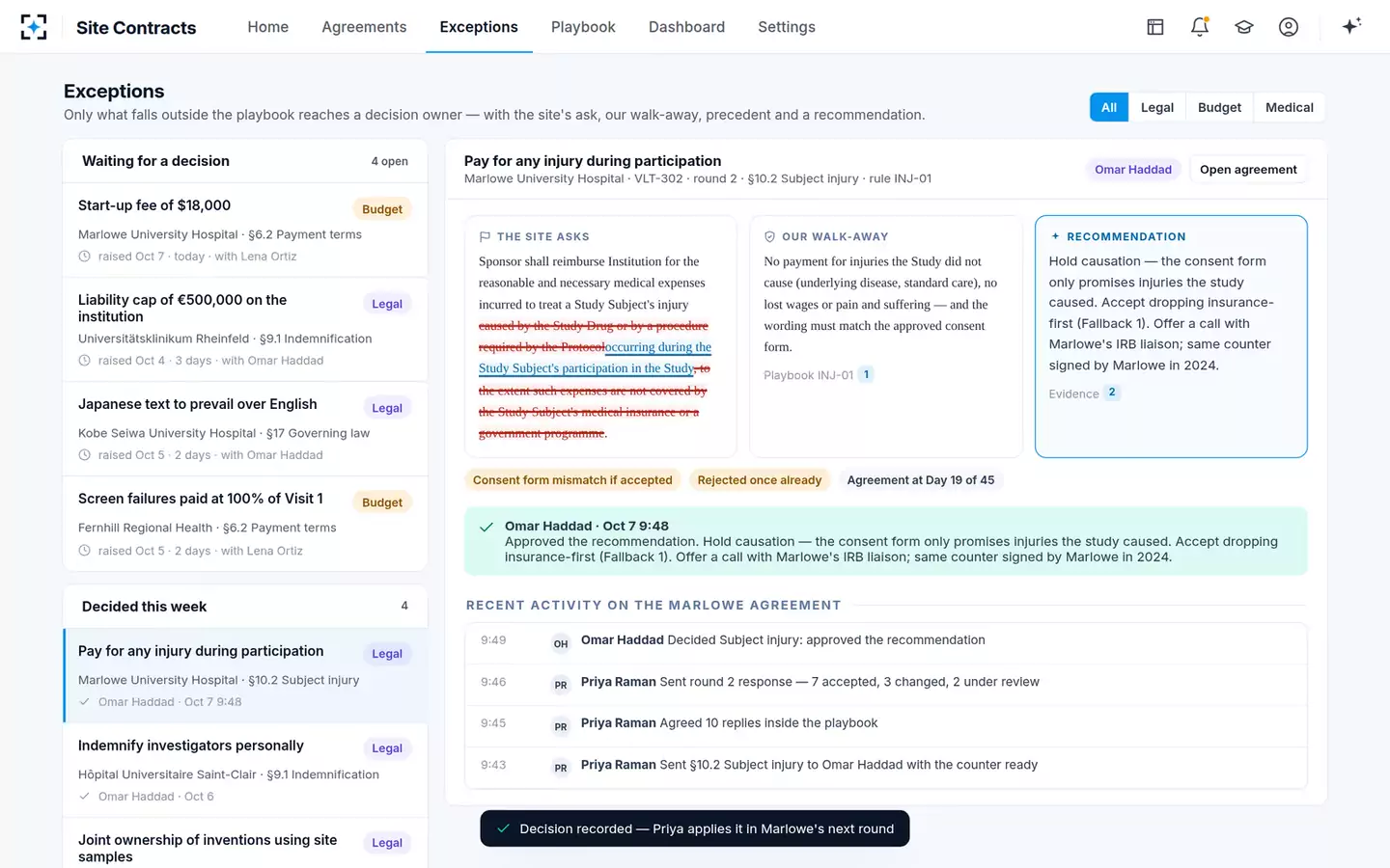 Clinical Trial Agreement Negotiation Copilot — Exceptions