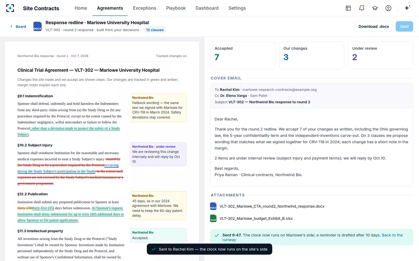 Clinical Trial Agreement Negotiation Copilot — Sent