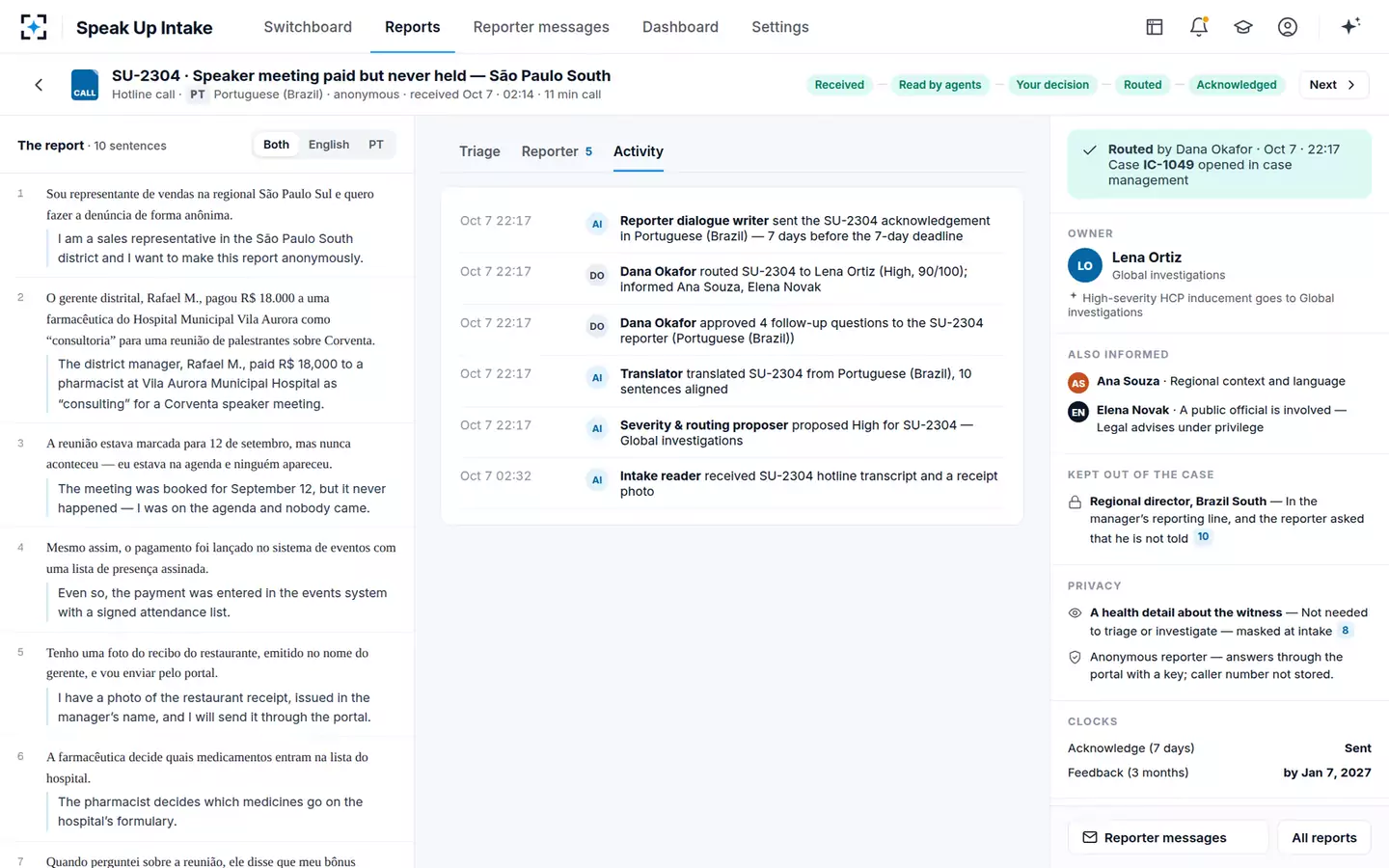 Speak Up Intake & Triage Agent — Activity trail