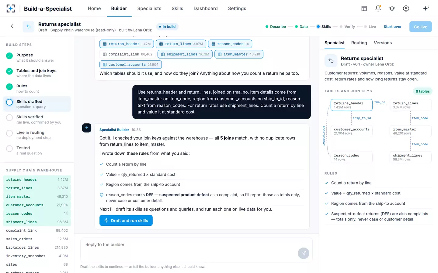 Build-a-Specialist — Tables, join keys and rules