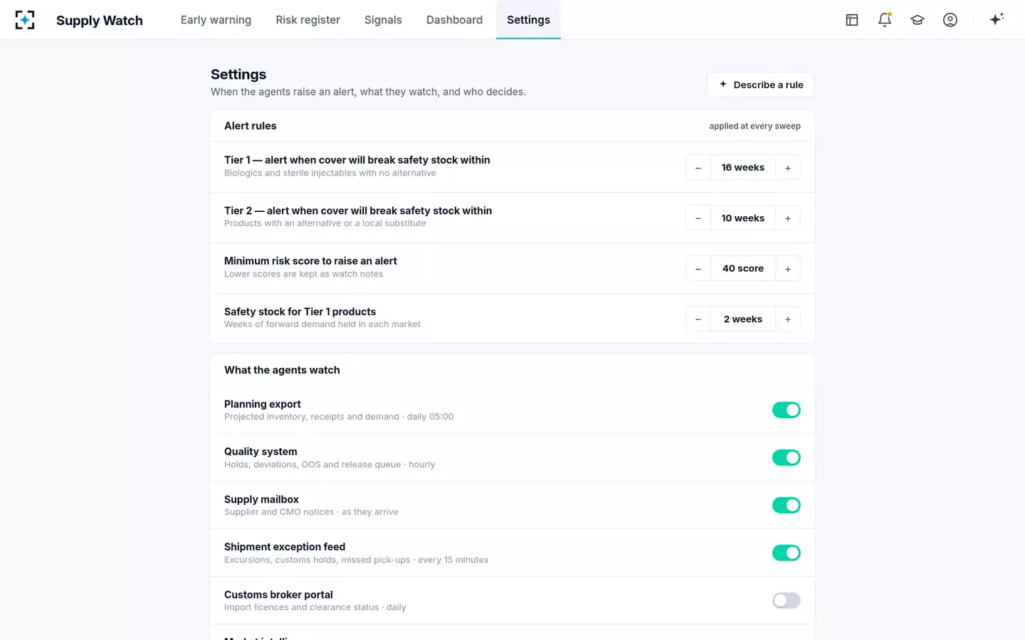 Supply Continuity Early-Warning Agent — Settings