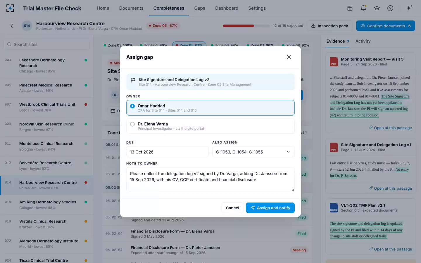 Trial Master File Check — Assign a gap