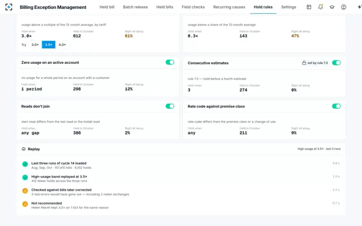 Billing Exception Management — Hold rules and replay