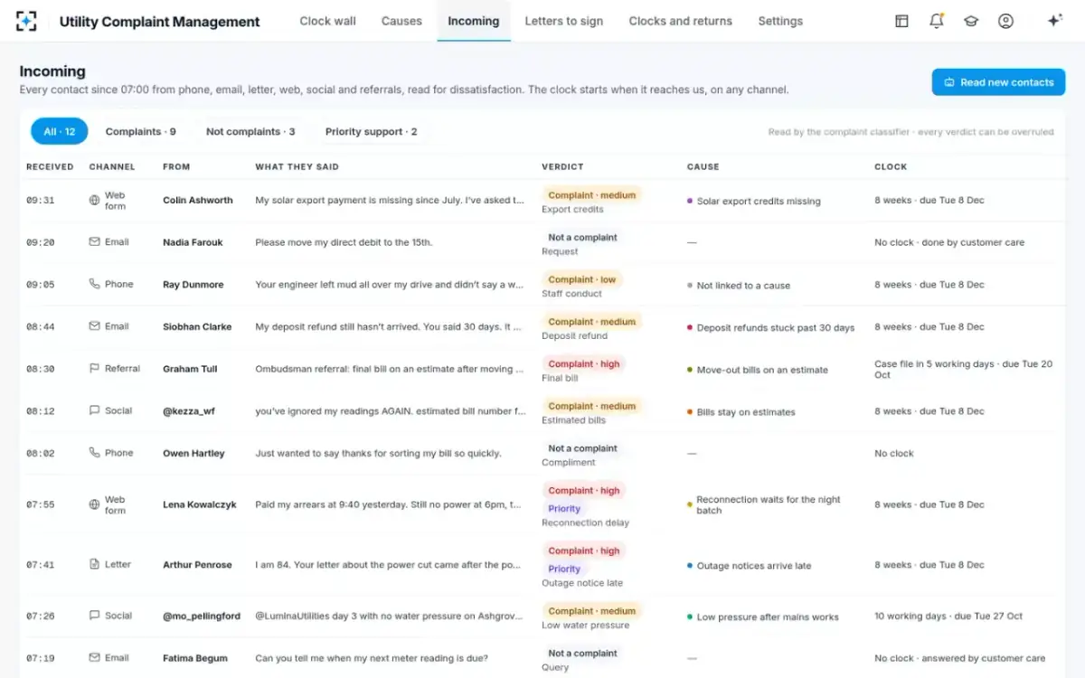 Utility Complaint Management — Incoming