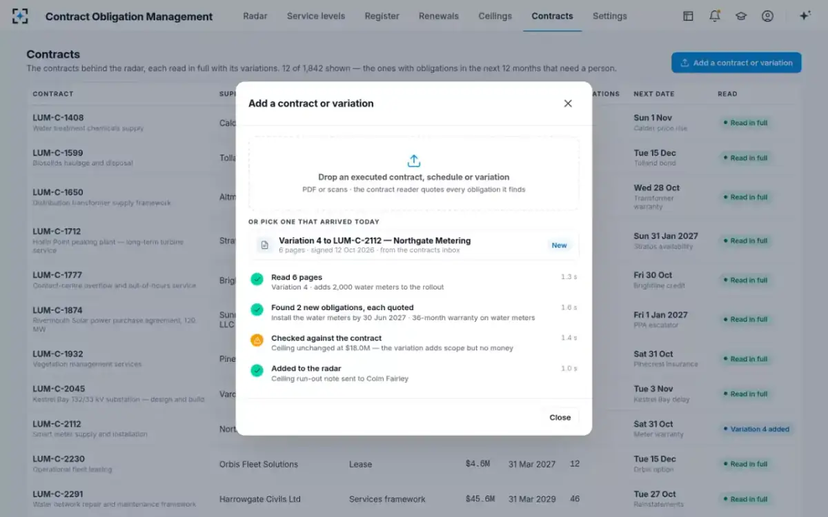 Contract Obligation Management — Add a contract or variation