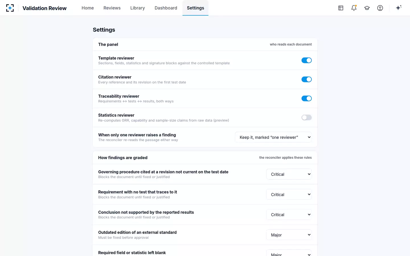 Validation Review Panel — Settings
